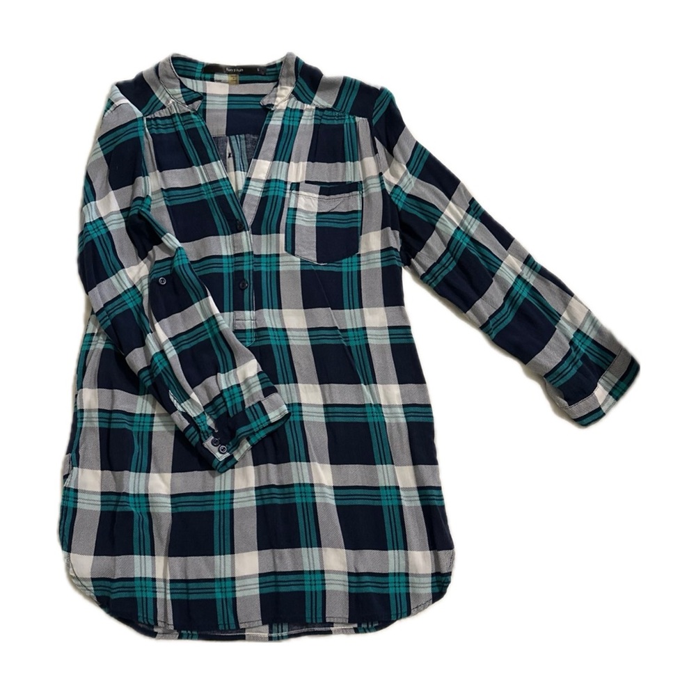 Fun 2 Fun Plaid Shirt 3/4 Sleeve - Navy and Teal